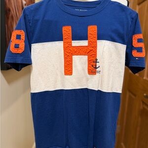 Tommy Hilfiger Kids Blue and White Tee with Orange Accents